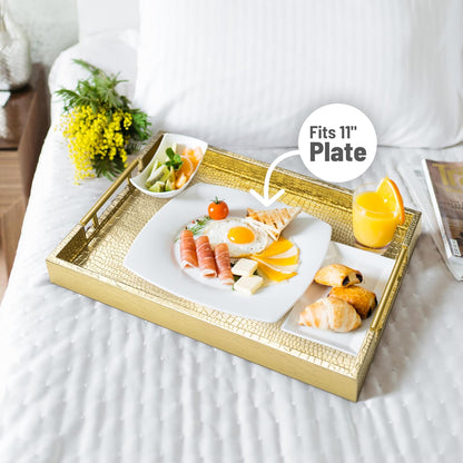 ATZYmolin 17" x 12" Wood Serving Tray with Gold Polished Metal Handles, Home Decorative Wooden Rectangle Ottoman Leather Decor Platter Bathroom Vanity Tray for All Occasions White