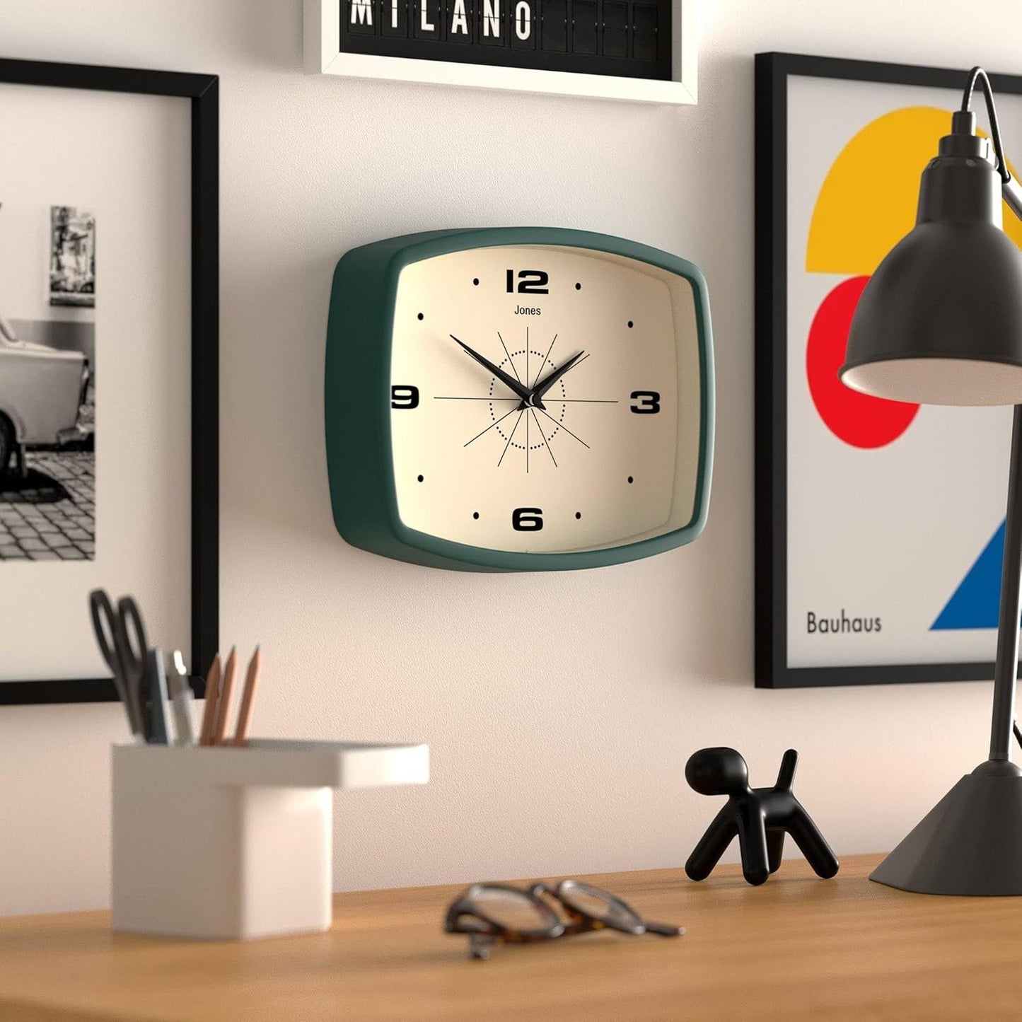 JONES CLOCKS® Movie wall Clock | Retro Rectangular Clock | 10 inch | Orange | Cool mid-Century Designer Look for Kitchen, Living Room or Office
