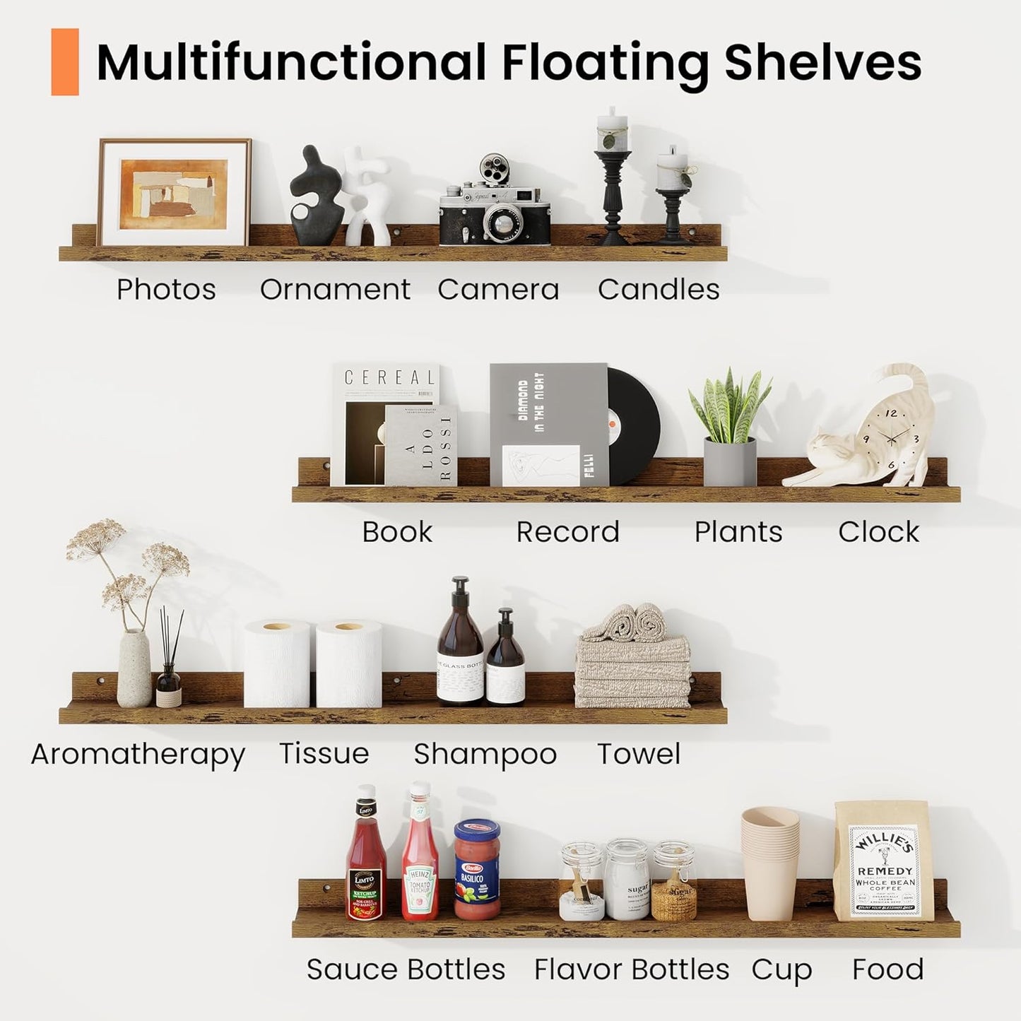 RICHFOCUS Picture Ledge Shelf, 24 inch Floating Shelves Set of 2, Wood Wall Shelves with Lip, Wall Decor Storage for Bedroom Living Room Bathroom Kitchen Nursery Photo Picture, Walnut