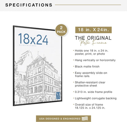 MCS Original Poster Frame 24x36 Black Lightweight Vertical & Horizontal Wall Hanging Large Picture Frame for Posters, Art Prints & Gallery Wall (6-Pack)