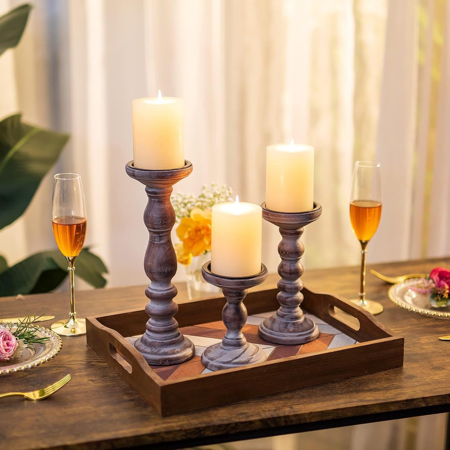 Wood Pillar Candle Holder: 3Pcs Rustic White Candle Holders for Pillar Candles Wood Candle Holders Distressed Wooden Farmhouse Candle Holder Large Rustic Candle Holder for Fireplace Table