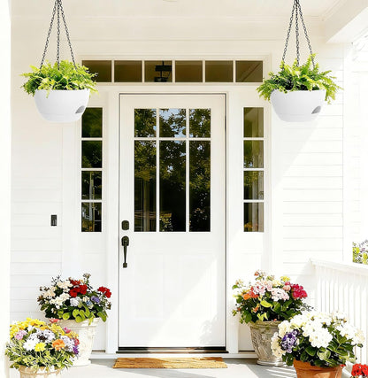 8 Inch Hanging Planters for Indoor Outdoor Plants, 4 Pack Black Plastic Self Watering Hanging Baskets with Drainage Holes and Chain for Garden Porch