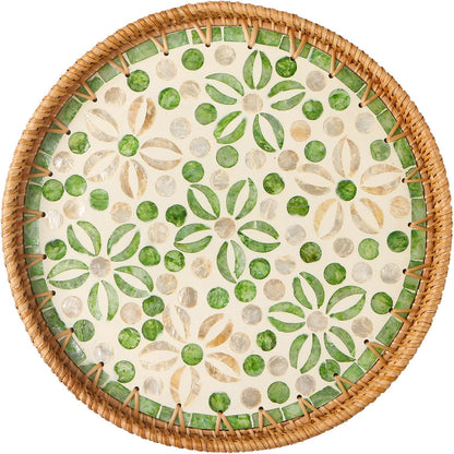 Round Rattan Tray with Mother of Pearl Inlay, Decorative Wicker Serving Tray with Wooden Base, Woven Basket Trays for Bread Fruits Coffee, Leaf