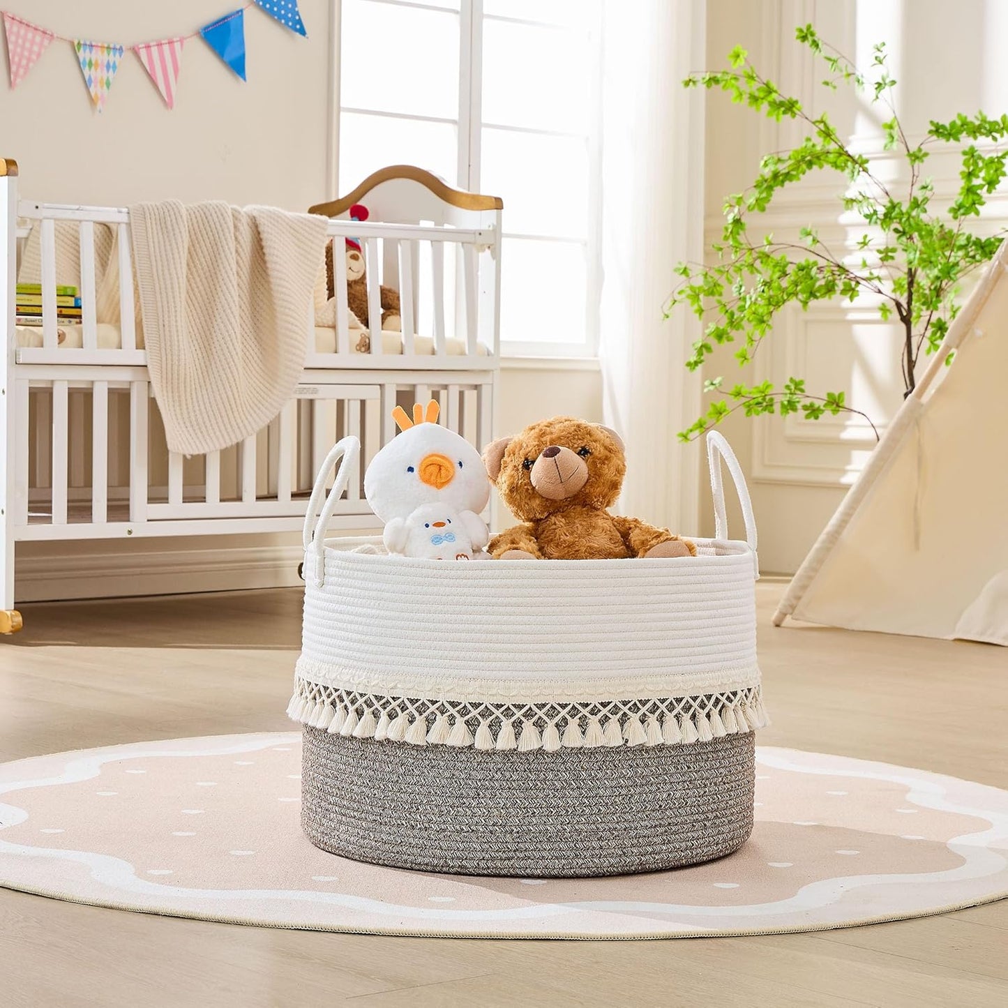 KAKAMAY Large Blanket Basket (20"x13"),Woven Baskets for storage Baby Laundry Hamper, Cotton Rope Blanket Basket for Living Room, Laundry, Nursery, Pillows, Baby Toy chest (White/Brown)