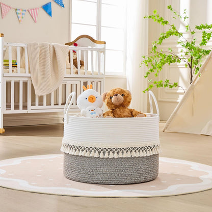 KAKAMAY Large Blanket Basket (20"x13"),Woven Baskets for storage Baby Laundry Hamper, Cotton Rope Blanket Basket for Living Room, Laundry, Nursery, Pillows, Baby Toy chest (White/Brown)