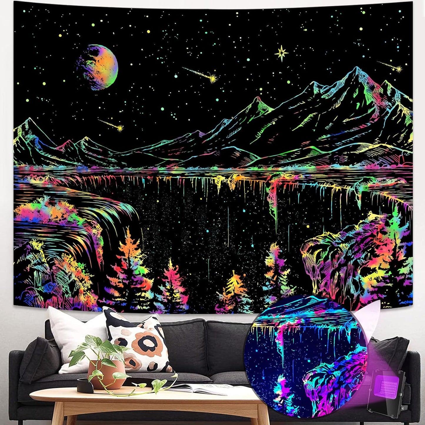 Zussun Black and White Tapestry Starry Night Mountain Tapestries for Bedroom Aesthetic Moon and Stars Tapastry's Wall Hanging Dark Nature Forest Wall Tapestry for Living Room Dorm (48'' × 36'')