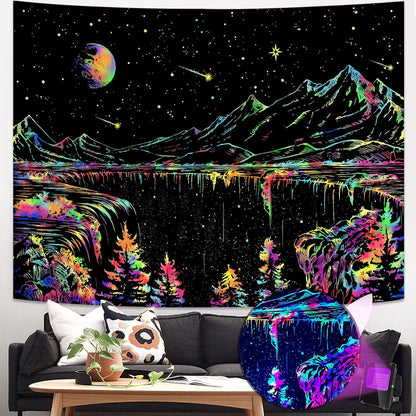 Zussun Black and White Tapestry Starry Night Mountain Tapestries for Bedroom Aesthetic Moon and Stars Tapastry's Wall Hanging Dark Nature Forest Wall Tapestry for Living Room Dorm (48'' × 36'')