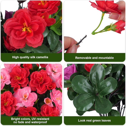 Ivydale Artificial Fake Flowers Plants for Outdoor Outside Spring Decor, Faux Silk Yellow Camellia UV Resistant Look Real for Planter Pot Porch Patio Balcony Garden Yard, 3 Large Bundles