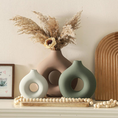 Vanselia Ceramic Vase Home Table Decor - Flower Vases Set of 3 Small Living Room Centerpiece Decorations for Shelf Bedroom Office Kitchen Dining Desk Modern Aesthetic Farmhouse Decorative (Classic)
