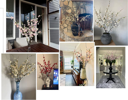 florisso 6 PCS Artificial Cherry Blossom Branches Spring Indoor Decoration, Faux Flowers 34.45" Long Stems Plum Fake Peach Plants Real Touch Silk for Wedding Home Bedroom Party Table Office, White