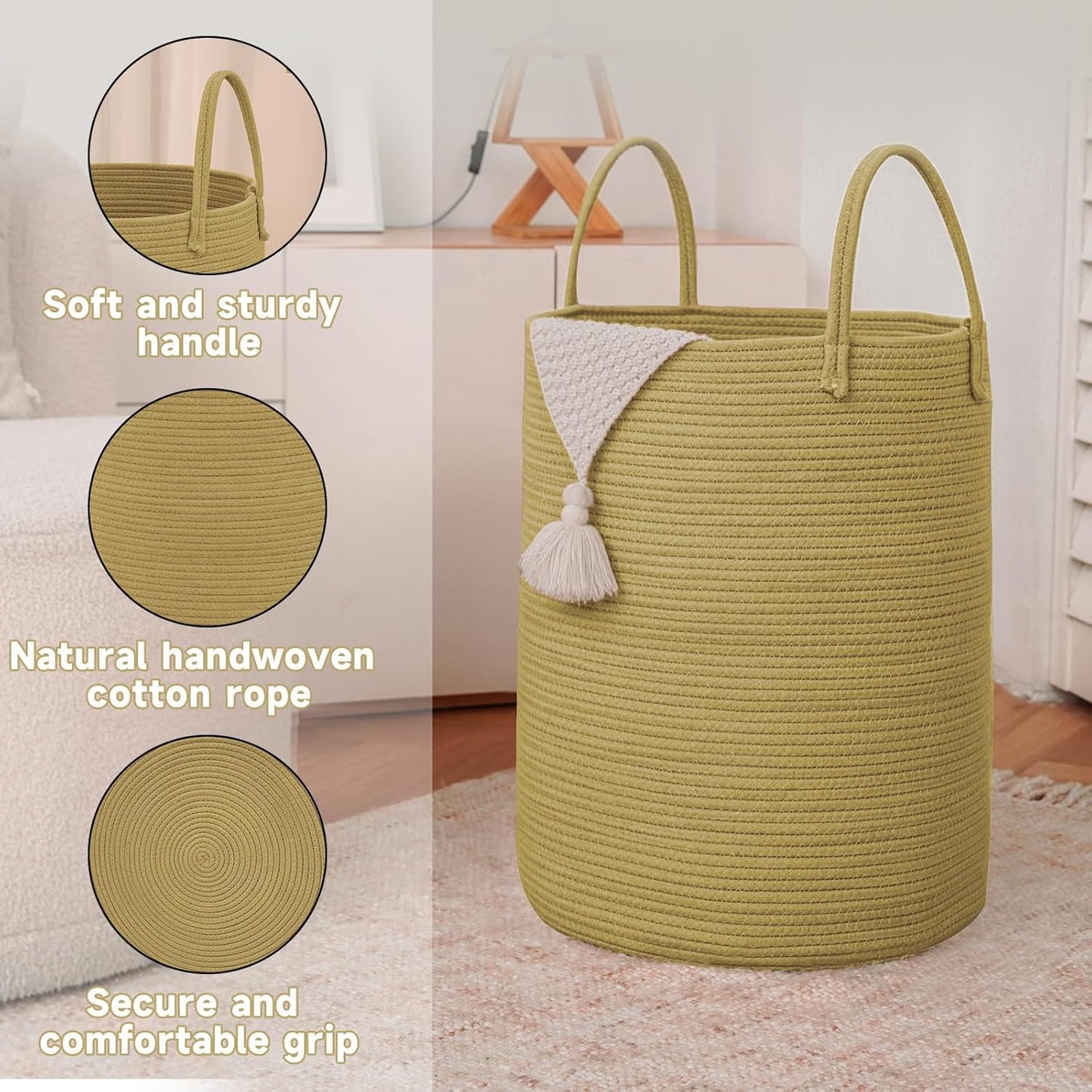 JMvicyroam Large Woven Laundry Basket Hamper,60L Cotton Rope Storage Bin for Blankets,Toys and Clothes,Decorative Tall Nursery Hamper for Living Room,Baby Nursery,Bathroom and Bedroom,Brown