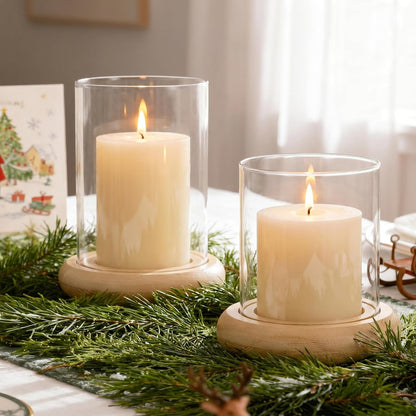 Set of 2 Black Hurricane Candle Holders with Wood Base, Modern Windproof Glass Cylinder Lantern, Farmhouse Pillar Candle Holder Decor for Table Centerpieces, Living Room, Patio & Kitchen Dining