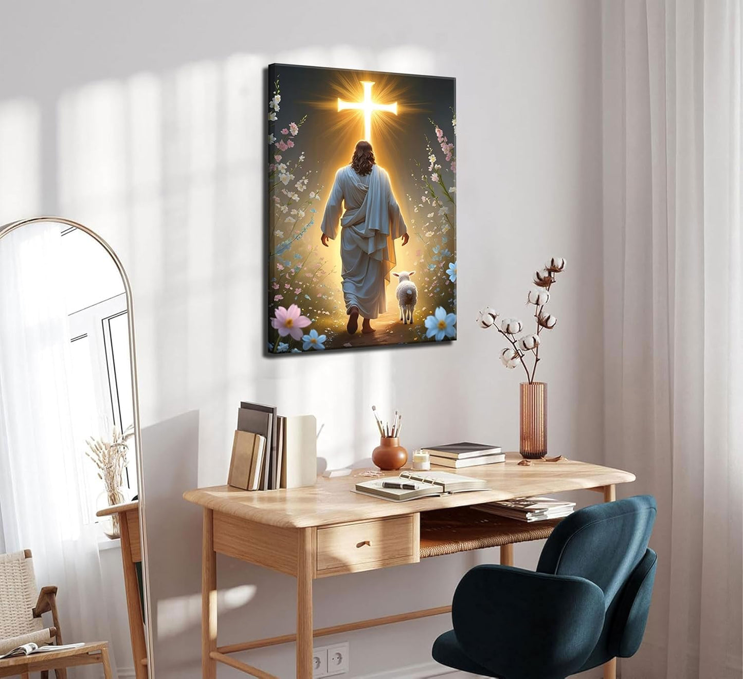 Abstract Jesus Walking on Water Canvas Wall Art Christian Spiritual Wall Decor Pictures Divine Light Modern Religious Posters Prints for Living Room Bedroom Church Decoration 12x16in