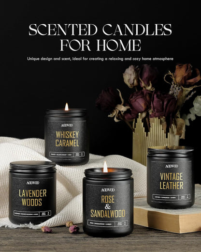AOOVOO Scented Candles for Men - 4 Pack Candles for Home Scented, 36oz Soy Wax, 200 Hour Burn Time, Men Candle Set, Sandalwood Oud/Mahogany Teakwood/Smoke Vanilla/Jasmine Candle Set A