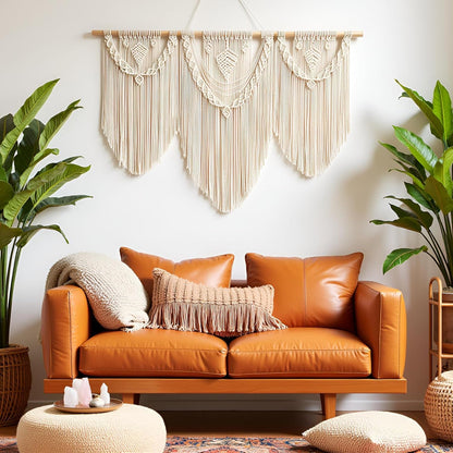 guzhiou large macrame wall hanging - Boho Tapestry Macrame Wall Decor Art- Chic Bohemian Handmade Woven Tapestry Home Decoration for Bedroom Living Room Apartment Wedding Party - 43"x32" (Wood bead)