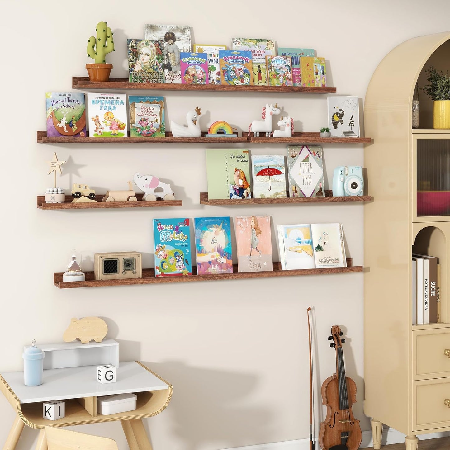 Fun Memories Picture Ledge Shelves Set of 2, 32 Inch Rustic Wall Mounted Floating Shelves with Lip for Home Storage and Décor in Bathroom, Kitchen, Nursery, Bedroom, Living Room, Walnut