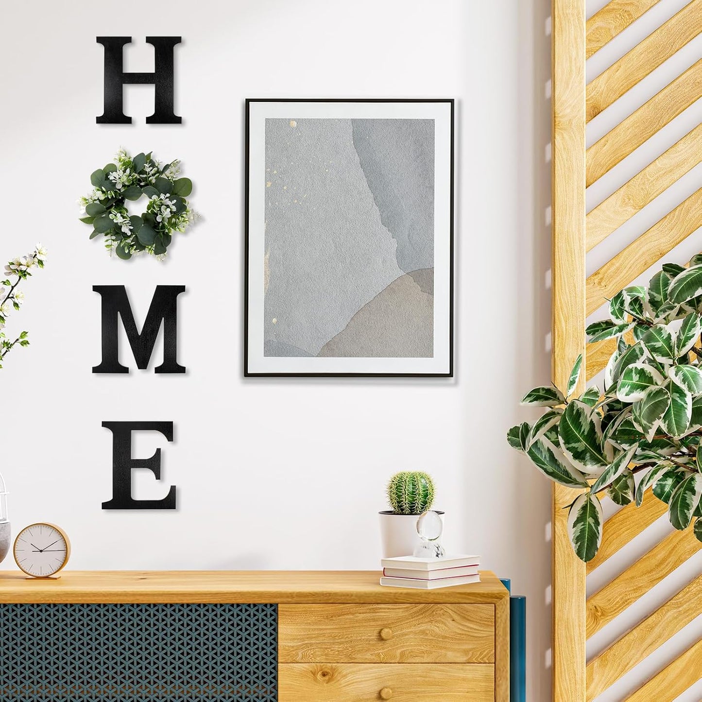 Wood Home Sign with Artificial Eucalyptus Wreath for O, Farmhouse Wall Home Sign Rustic Wooden Hanging Letters Decorative Wall Art Decor for Living Room Kitchen Housewarming Couple Gifts