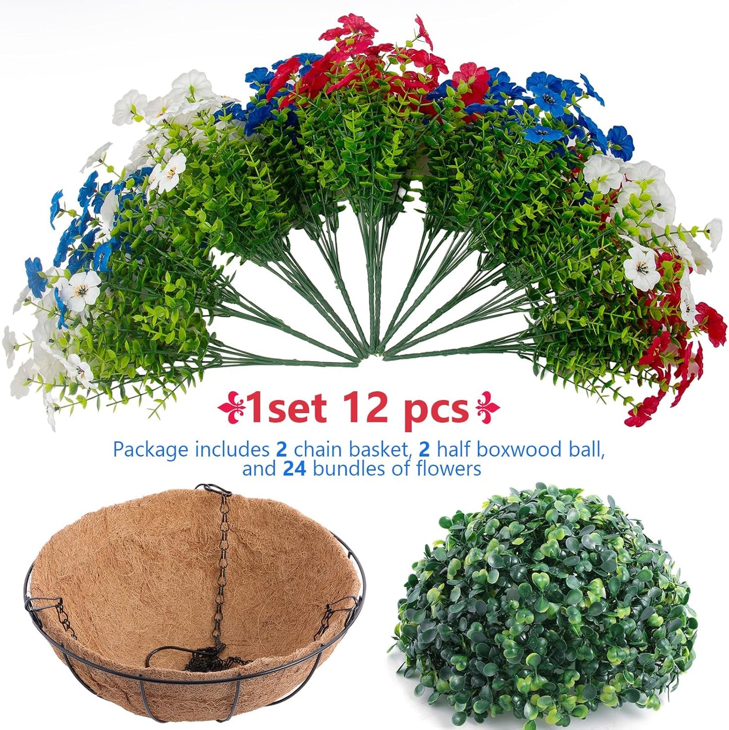 Hananona 2 Set Artificial Outdoor Flowers with Hanging Basket, 2 Hanging Planters with 24 Pcs Flowers for Spring Summer Front Porch Garden Patio Home Decor (2, Red, Purple, Yellow, Rose Red)