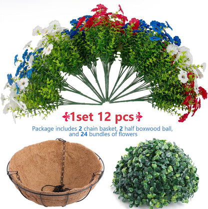 Hananona 2 Set Artificial Outdoor Flowers with Hanging Basket, 2 Hanging Planters with 24 Pcs Flowers for Spring Summer Front Porch Garden Patio Home Decor (2, Red, Purple, Yellow, Rose Red)