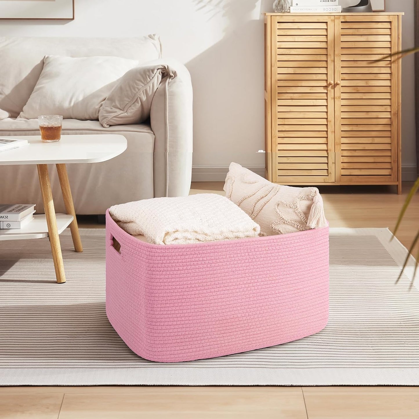 OIAHOMY 75L Large Woven Cotton Rope Storage Basket with Handle for Organizing Blanket and Toys for Living Room, Nursery, Brown Variegated 22”x17”x12”