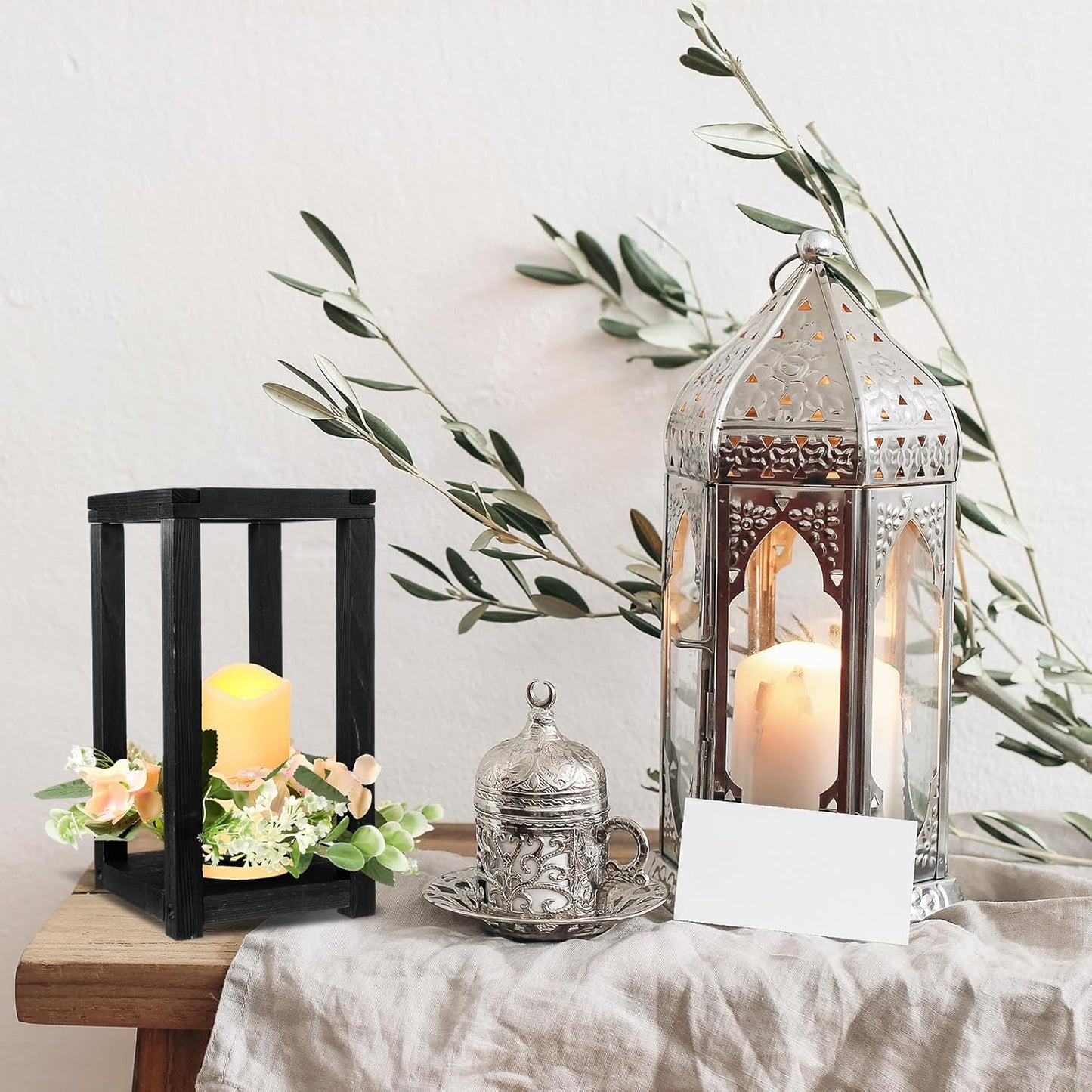 Hushee 30 Pcs Wooden Wedding Lantern Centerpiece Integrated Holders with Candles and Wreaths Rustic Wooden Candle Lantern Decor for Wedding Party Table Valentine Decor (Yellow)