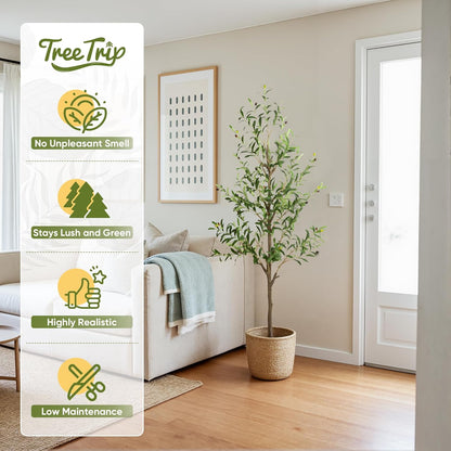 Olive Tree Artificial Indoor, 7 FT Faux Olive Trees with Planter, Fake Tall Plants with Natural Trunk and Lifelike Fruits for Home Office Decor(1, 7FT)