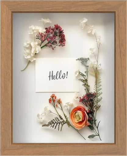FrameWorks 11” x 14” Dark Oak Wooden Shadow Box Frame – Display Case with Soft Felt Back, Memory Box with Tempered Glass, Display Box with Elegant White Ball Push Pins, Wooden Flower Box