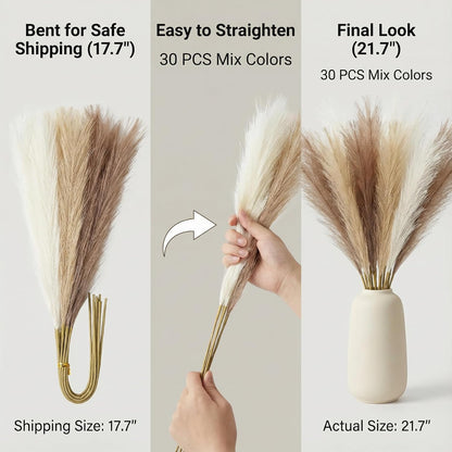 Pampas Grass Decor 21.7 Inch 30pcs, Faux Pampas Grass White Beige Brown Ultra Fluffy No Shedding for Boho Home Bedroom Wedding Vase Filler Dried Flower Arrangement