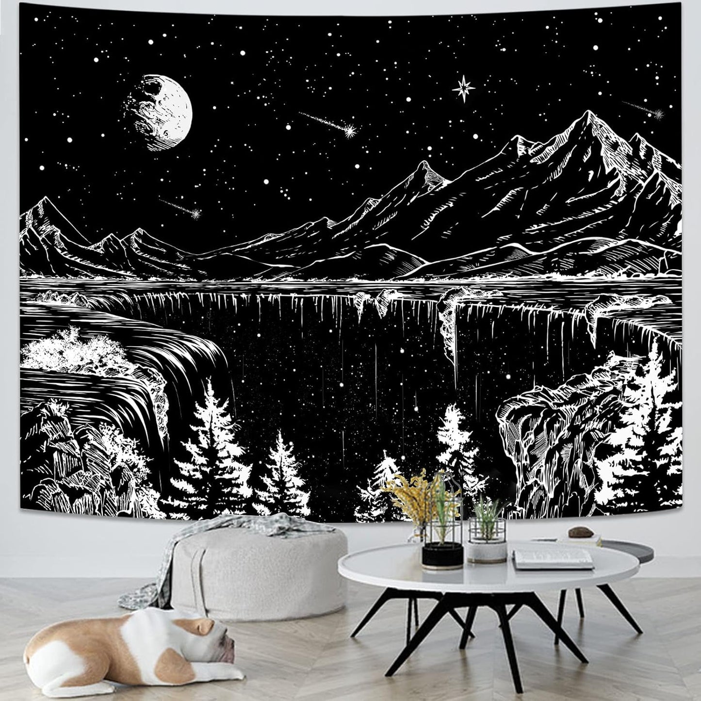Zussun Black and White Tapestry Starry Night Mountain Tapestries for Bedroom Aesthetic Moon and Stars Tapastry's Wall Hanging Dark Nature Forest Wall Tapestry for Living Room Dorm (48'' × 36'')