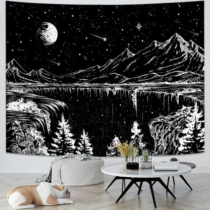 Zussun Black and White Tapestry Starry Night Mountain Tapestries for Bedroom Aesthetic Moon and Stars Tapastry's Wall Hanging Dark Nature Forest Wall Tapestry for Living Room Dorm (48'' × 36'')