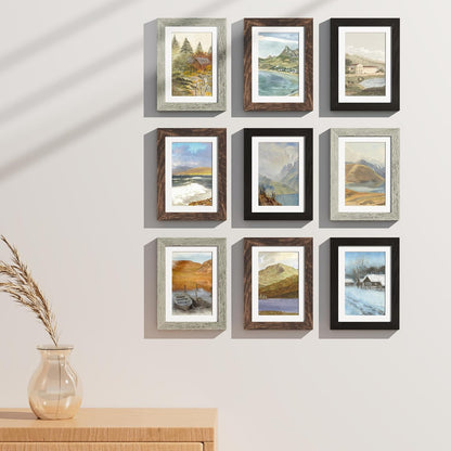 Vittanly 8x10 Picture Frames Set of 9, Shatter Resistant Plexiglass, Display 5x7 Pictures with Mat or 8x10 without Mat, Photo Frames for Wall or Tabletop, Engineered Wood, Black - Colors A