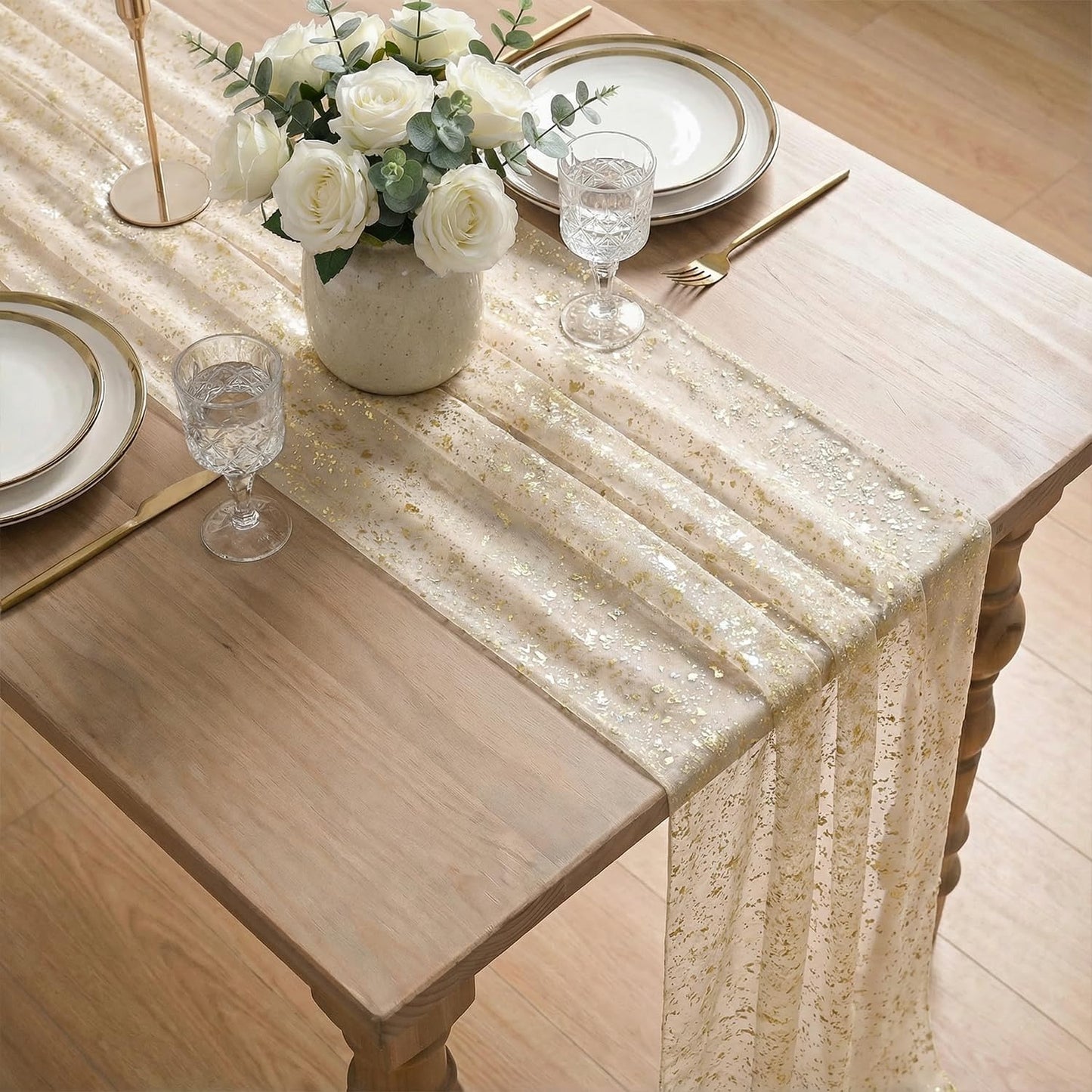Artoid Mode Beige Gold Gauze Table Runner 120 Inch 10FT, Glitter Metallic Foil Sheer Dining Wedding Anniversary Holiday Birthday Table Decor for Home Party