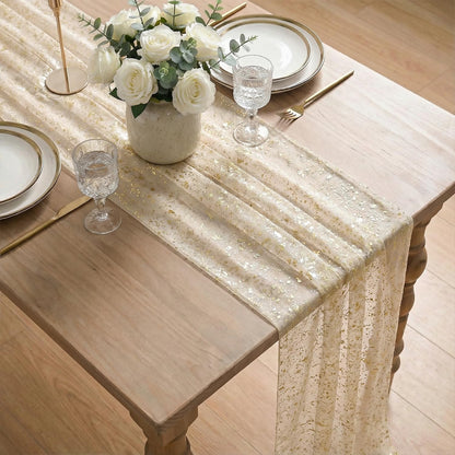 Artoid Mode Beige Gold Gauze Table Runner 120 Inch 10FT, Glitter Metallic Foil Sheer Dining Wedding Anniversary Holiday Birthday Table Decor for Home Party