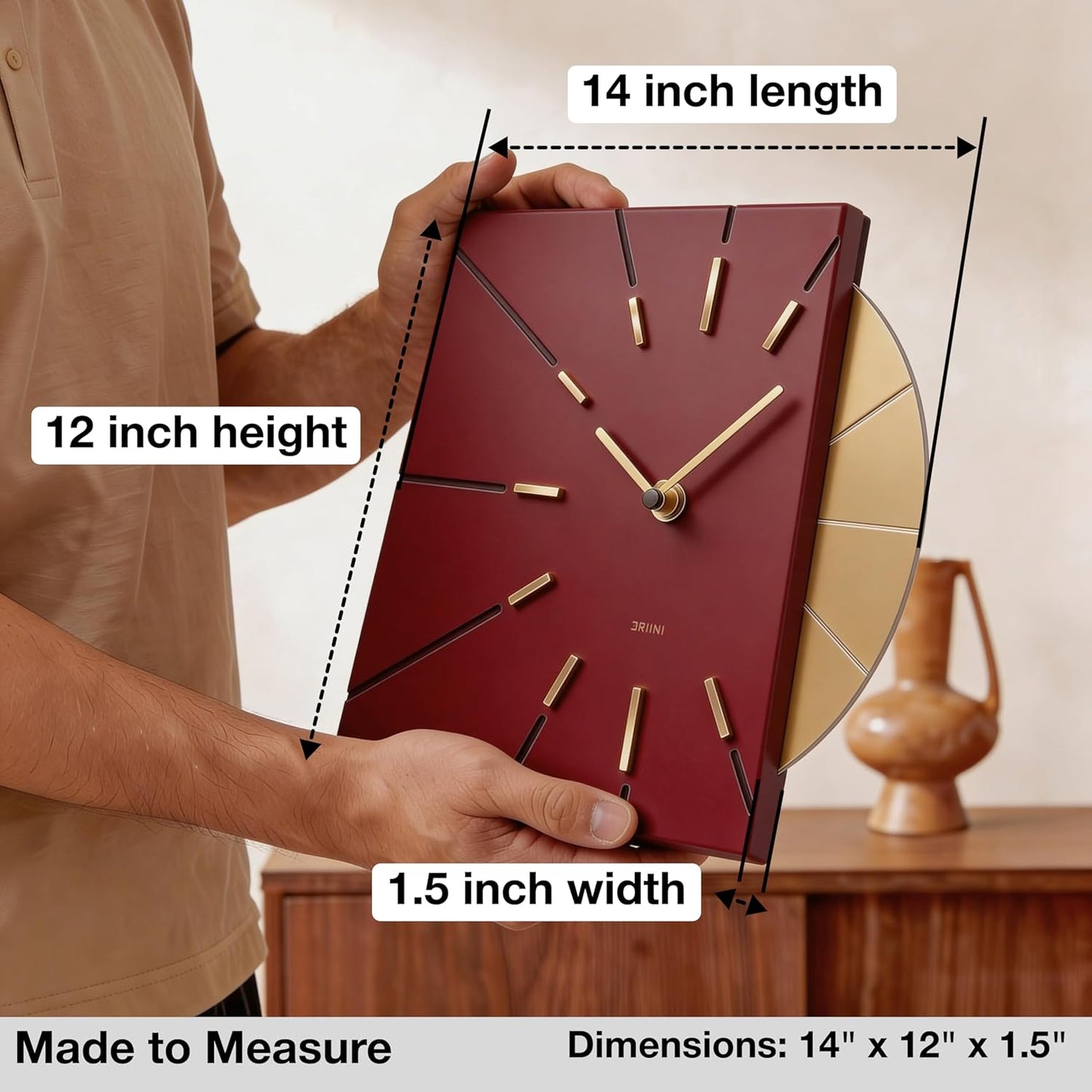 Driini Clocks Mid Century Modern Wall Clock - Square Green Clock with Decorative Gold Accent- Unique and Cool Clock, Battery Operated - MCM Decor & Decorative Wall Clock for Mid Century Modern Decor.