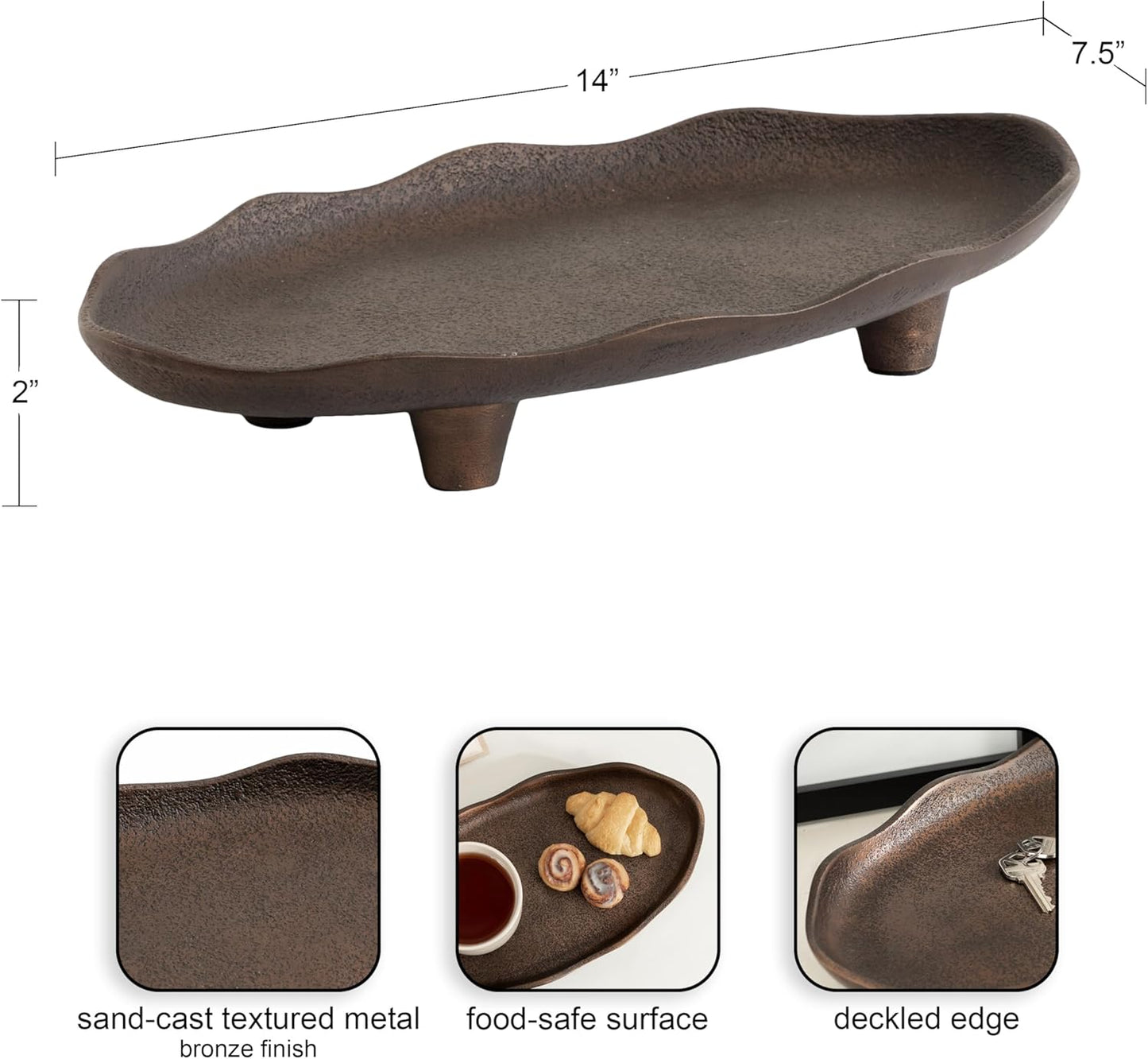 Kate and Laurel Alessia Modern Decorative Scalloped Oval Footed Metal Tray; 14 x 8; Bronze; Transitional Food-Safe Cast Aluminum Pedestal Tray with Rough Texture and Deckled Edge