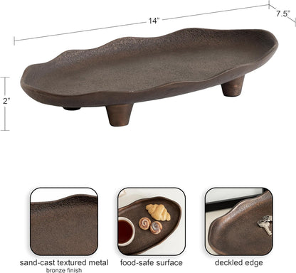 Kate and Laurel Alessia Modern Decorative Scalloped Oval Footed Metal Tray; 14 x 8; Bronze; Transitional Food-Safe Cast Aluminum Pedestal Tray with Rough Texture and Deckled Edge