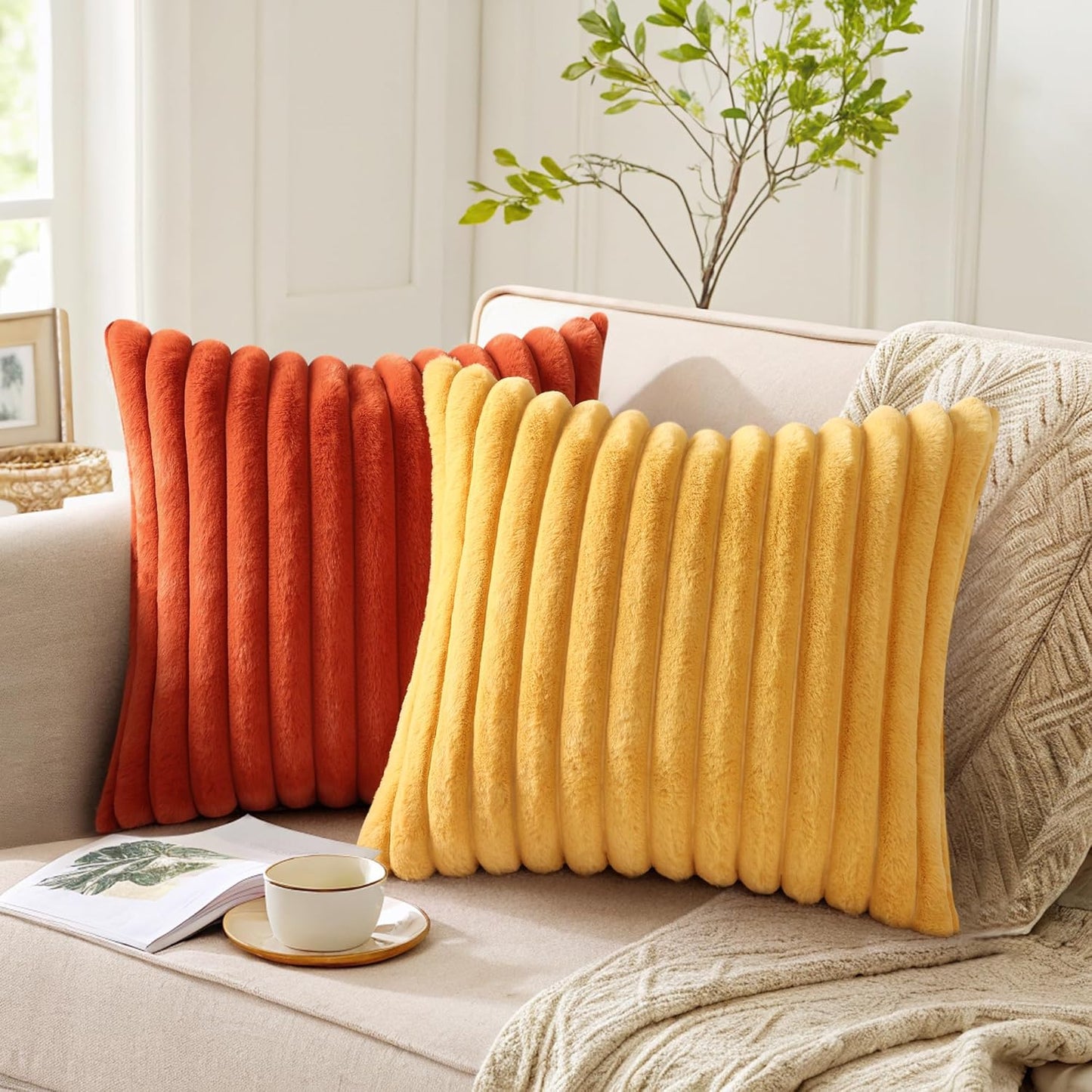 Pallene Faux Fur Plush Throw Pillow Covers 18x18 Set of 2, Luxury Soft Fluffy Striped Decorative Pillow Covers for Sofa, Couch, Living Room, Cream White