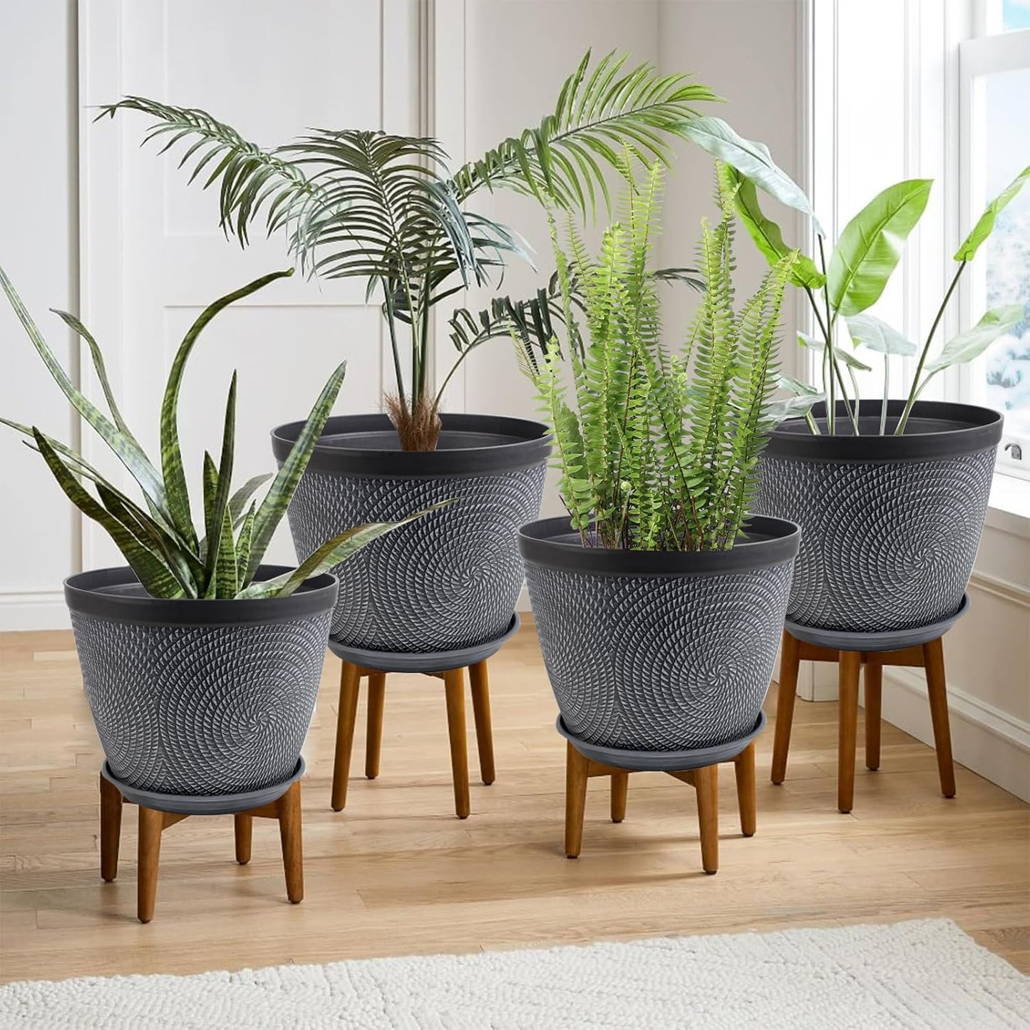 Quarut 10 Inch Flower Pots Planters for Outdoor Indoor, 3 Pack Plastic Plant Pots with Drainage Hole & Tray, Modern Decorative Garden Pot with Saucer, planters for House (Gray)