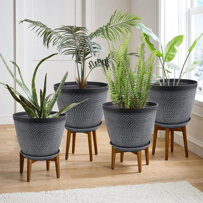 Quarut 10 Inch Flower Pots Planters for Outdoor Indoor, 3 Pack Plastic Plant Pots with Drainage Hole & Tray, Modern Decorative Garden Pot with Saucer, planters for House (Gray)
