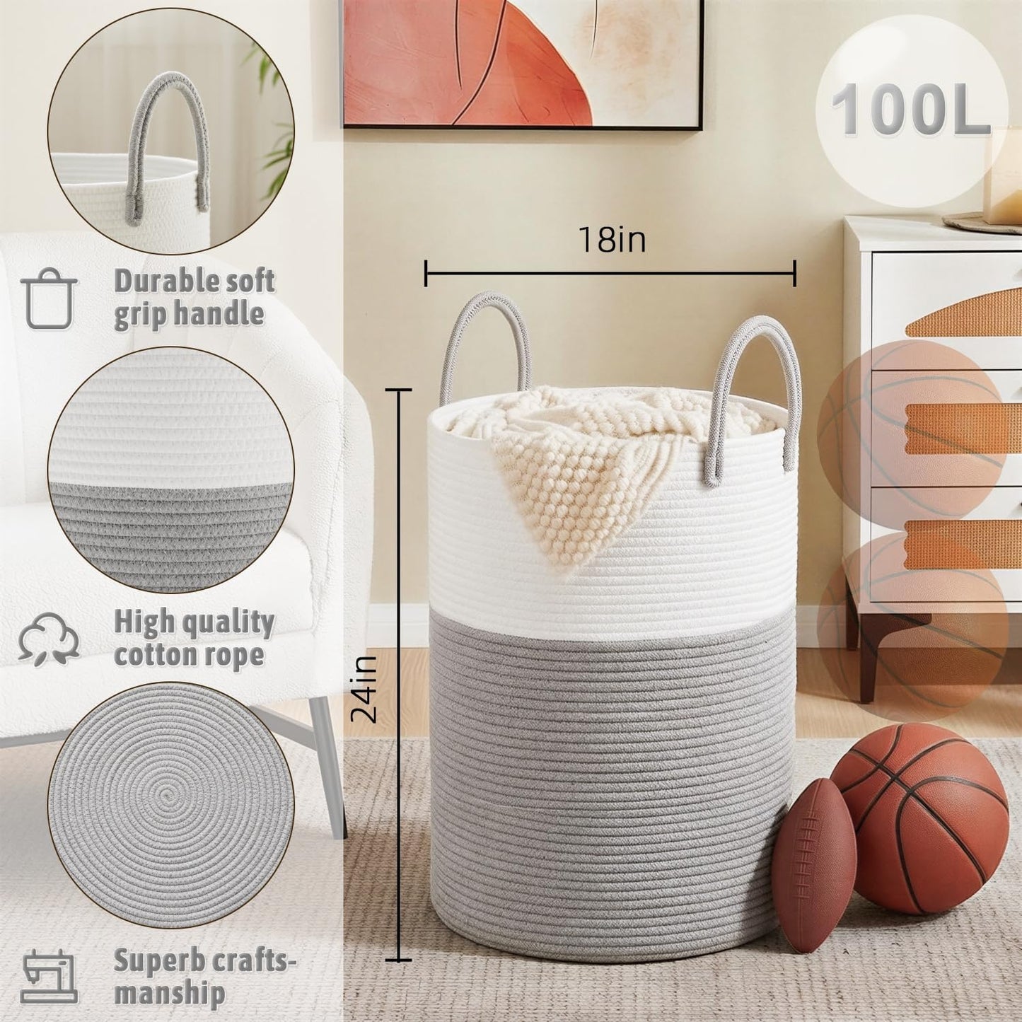 Artfeel Laundry Basket,Woven Cotton Rope Laundry Hamper,60L for Decor Storage of Dirty Clothes,Toys and Blankets in Bathroom,Baby Room and Living Room