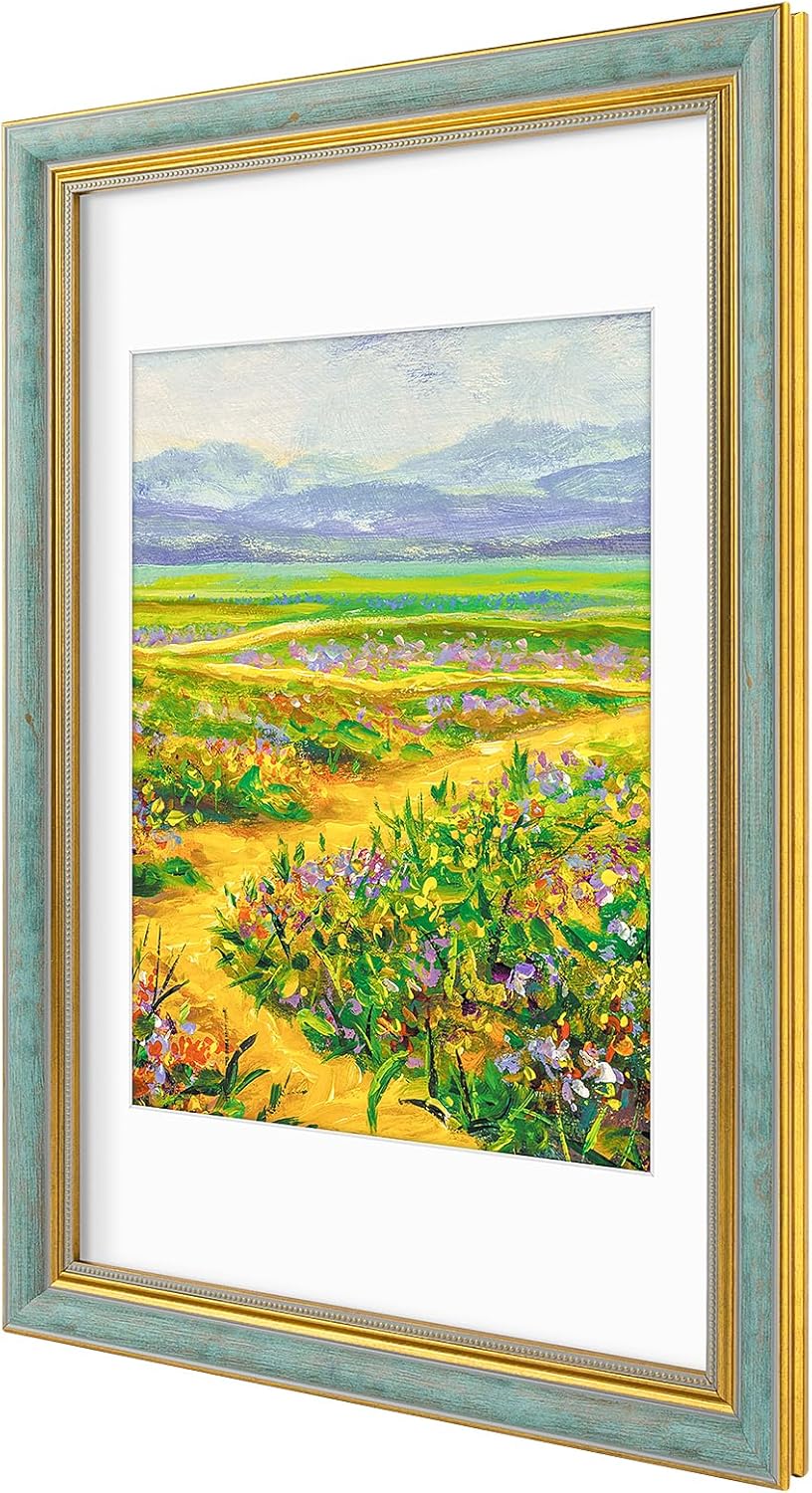 Golden State Art,11x14 Ornate Picture Frame for 8x10 Photo with Mat or 11 x 14 Prints without Mat,Real Glass Wall Display(Color:Green Gold)