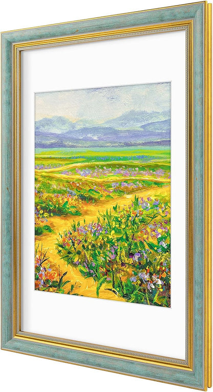 Golden State Art,11x14 Ornate Picture Frame for 8x10 Photo with Mat or 11 x 14 Prints without Mat,Real Glass Wall Display(Color:Green Gold)