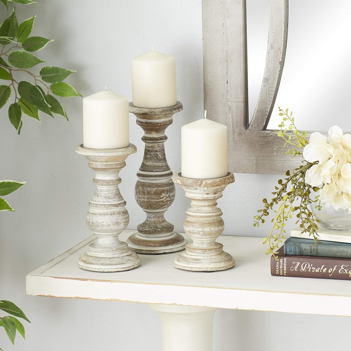 Deco 79 Mango Wood Decorative Candle Holder Distressed Turned Pillar Candle Stand, Set of 3 Candlestick Holder 6", 8", 10"H, Light Blue