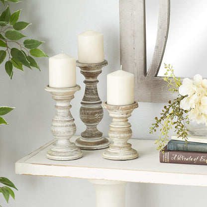 Deco 79 Mango Wood Decorative Candle Holder Distressed Turned Pillar Candle Stand, Set of 3 Candlestick Holder 6", 8", 10"H, Light Blue