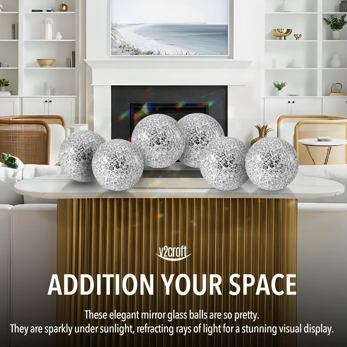 4in Decorative Mosaic Sphere Orbs Set of 3, Glass Balls for Whole Housewares,Wedding/Birthday,Bowls,Vases Dining Table Centerpieces(Silver,Black,Blue)