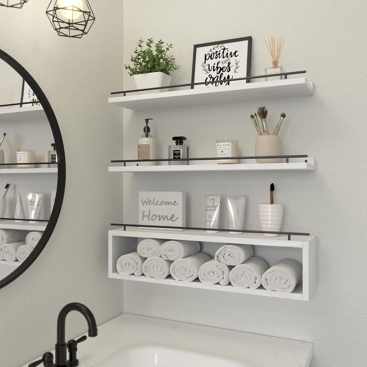 WOPITUES Floating Shelves for Wall with Cube Shelf, Wall Shelves with Metal Rail for Bathroom Decor, Bathroom Organizers and Storage, Over Toilet Shelves for Toilet Paper-Black