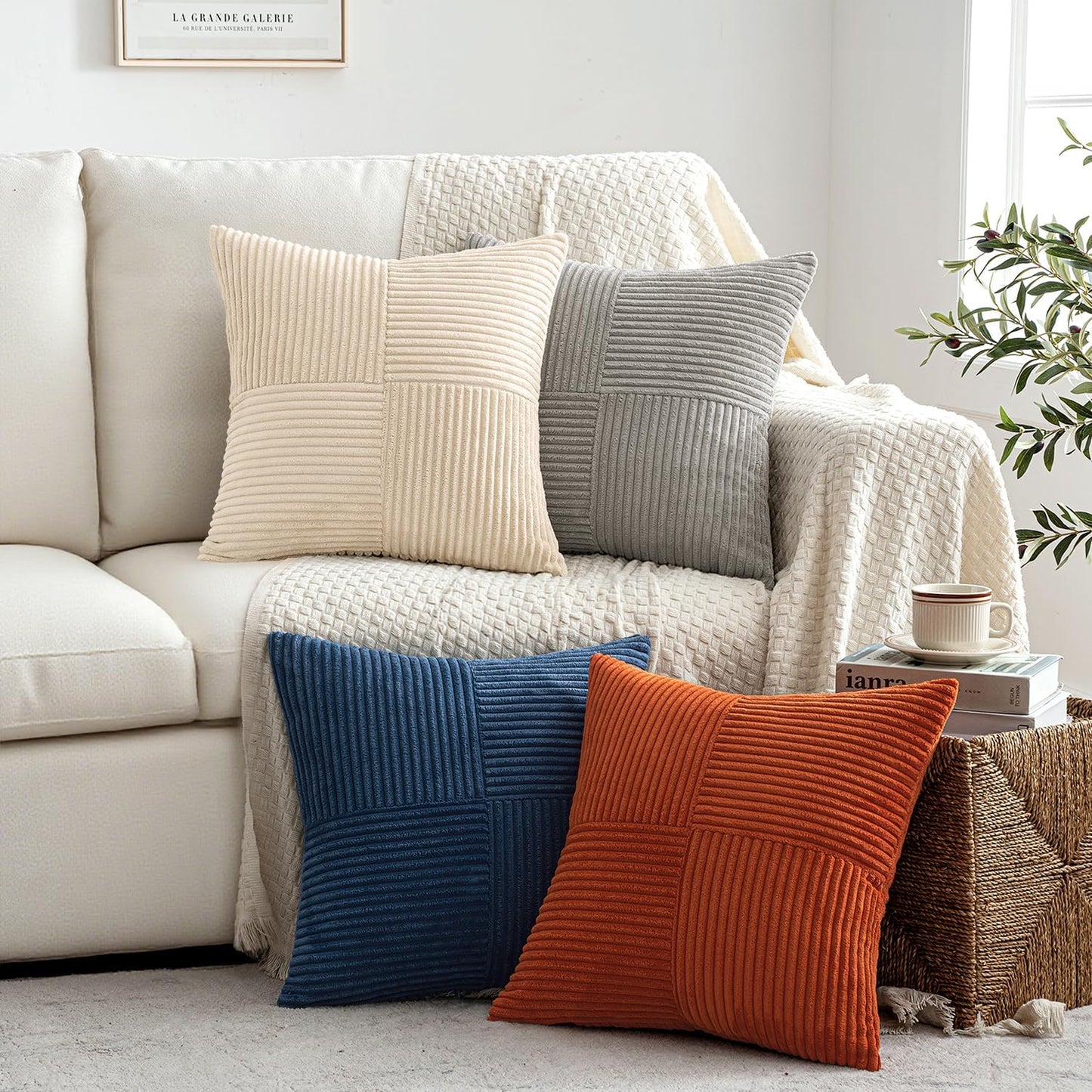 MIULEE Teal Orange Decorative Throw Pillow Covers 18x18 Inch Set of 4 Boho Corduroy Striped Cushion Cases Modern Farmhouse Patchwork Pillow Cases for Couch Sofa Bedroom Home Decor