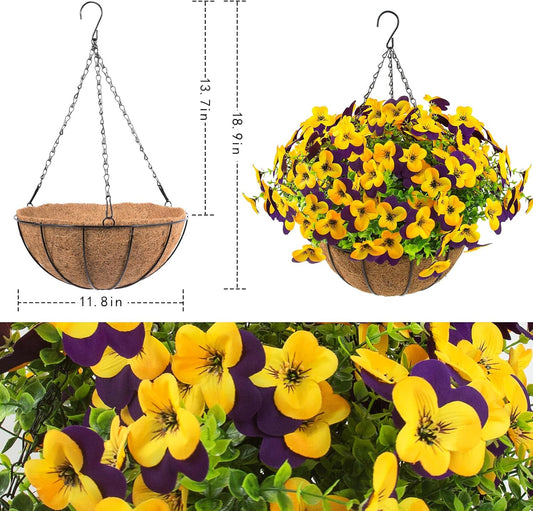 2 Set Artificial Outdoor Pansy Flowers with Hanging Baskets, 2 Hanging Baskets with 24 Pcs Silk Flowers for Spring Easter Decorations Porch Patio Home Decor (2, Purple, Yellow, White, Light Purple)