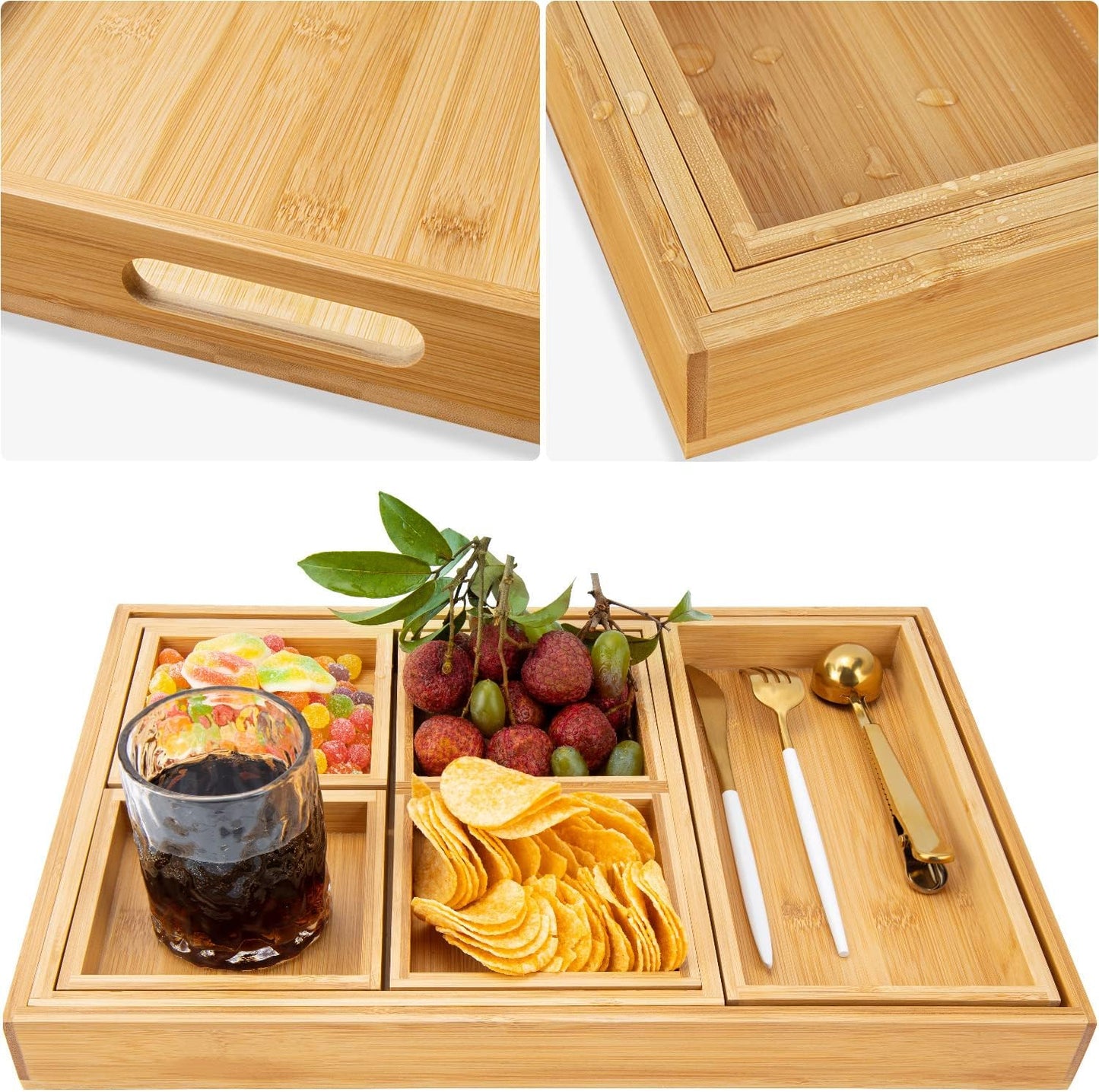 Yangbaga Rustic Wooden Serving Trays with Handle - Set of 7 Rectangular Platters for Entertaining, Breakfast, Coffee Table, Home Decor