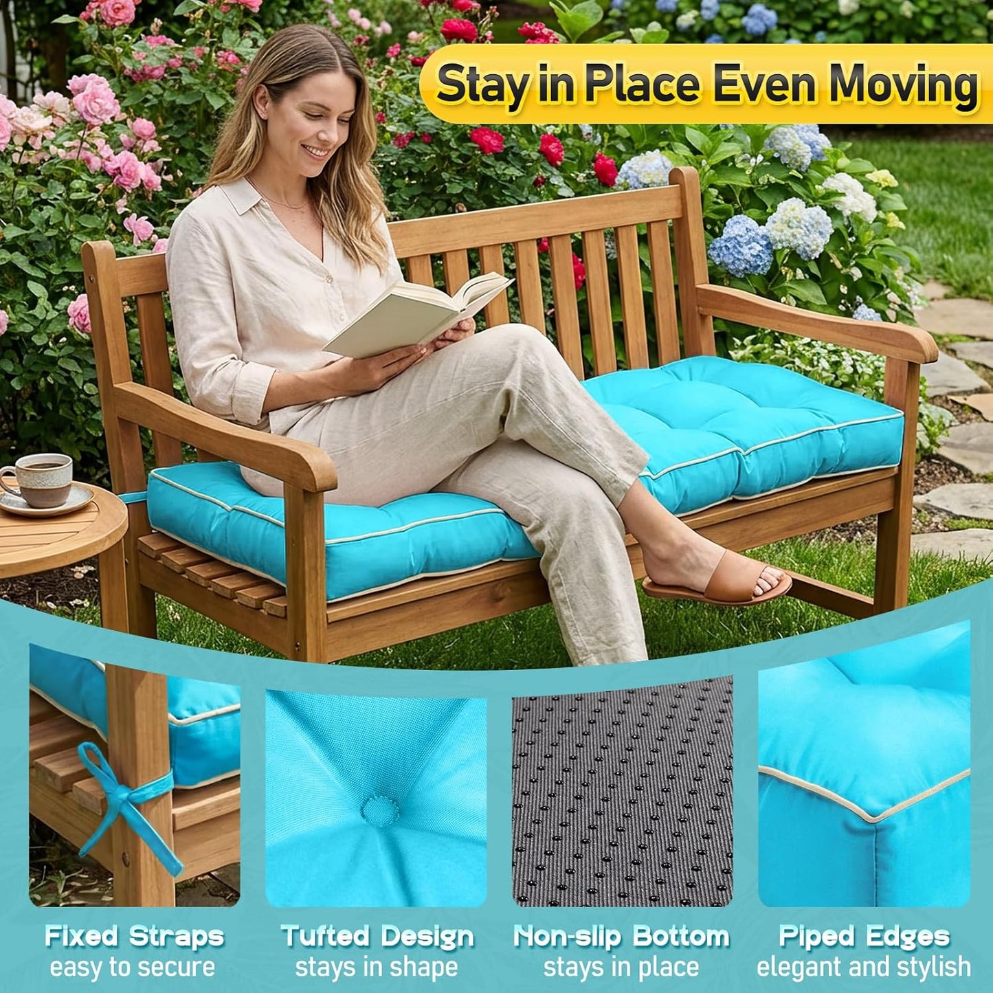 Outdoor Bench Cushion, Tufted Patio Seat Pad for Garden Bench, Porch Swing, Indoor/Outoor Furniture (Blue, 48X18X4 inch)